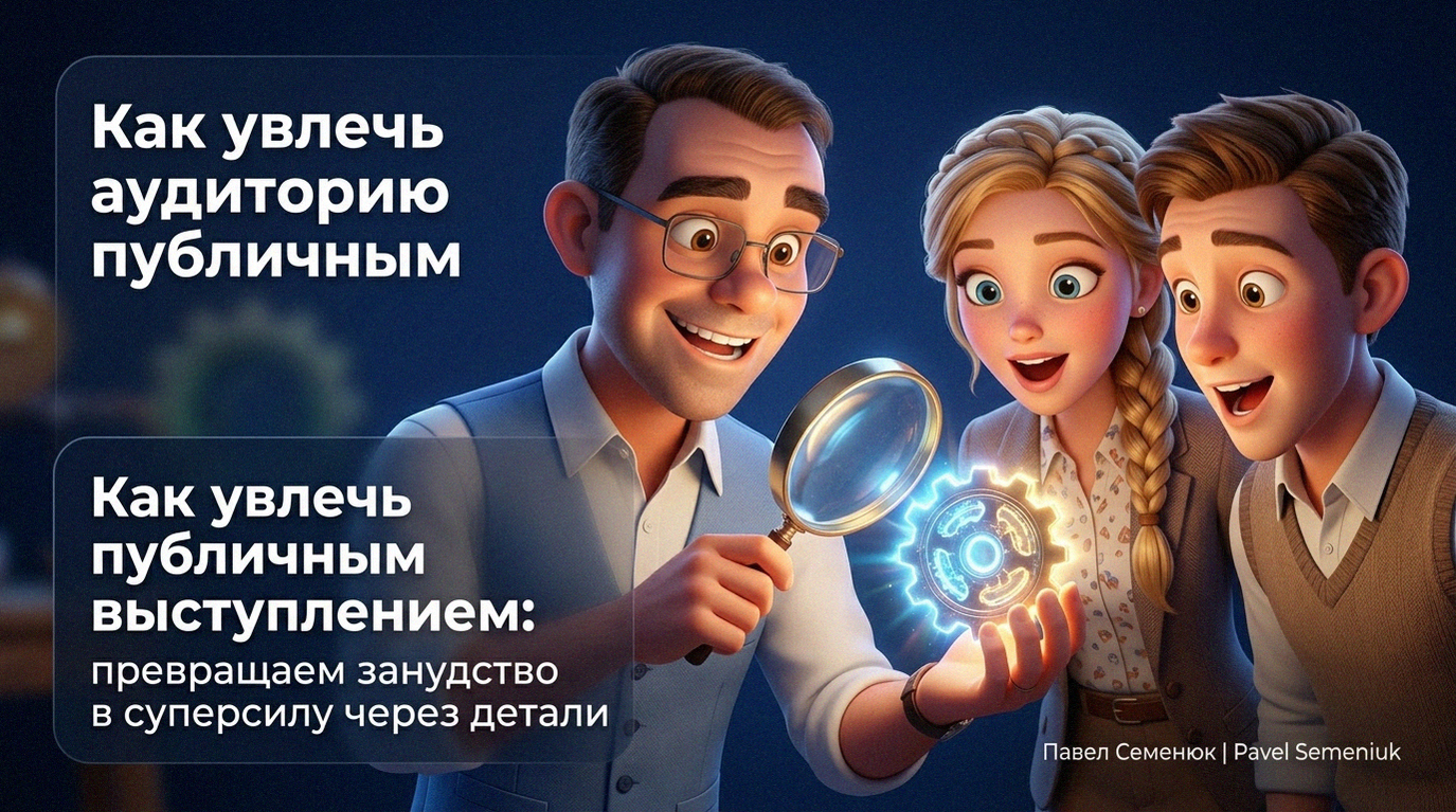 3D-иллюстрация: эксперт в очках с энтузиазмом показывает светящуюся шестеренку через увеличительное стекло двум восхищенным слушателям. Слева расположен текст-заголовок о том, как увлечь аудиторию публичным выступлением через внимание к деталям.