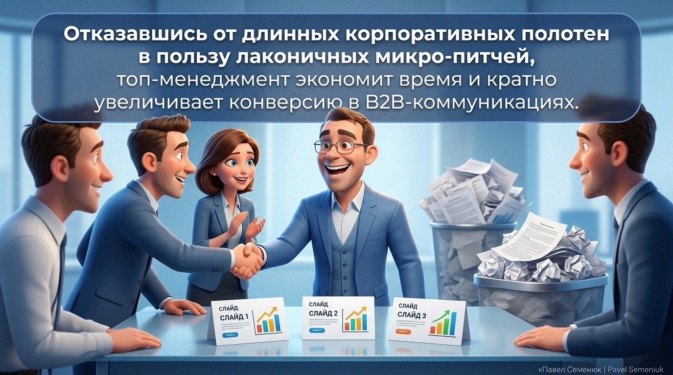 Презентации на заказ3D-иллюстрация: радостные бизнес-коллеги жмут руки за столом с тремя аккуратными слайдами, кипы лишних бумаг выброшены в урну. Сверху расположен текст о пользе лаконичных микро-питчей для топ-менеджмента.