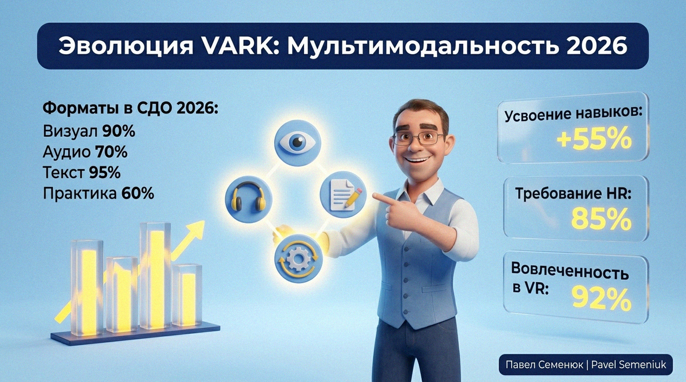 3D-инфографика модели корпоративного обучения VARK: персонаж указывает на иконки типов восприятия информации. Слева статистика популярных форматов в СДО 2026, справа карточки с метриками эффективности