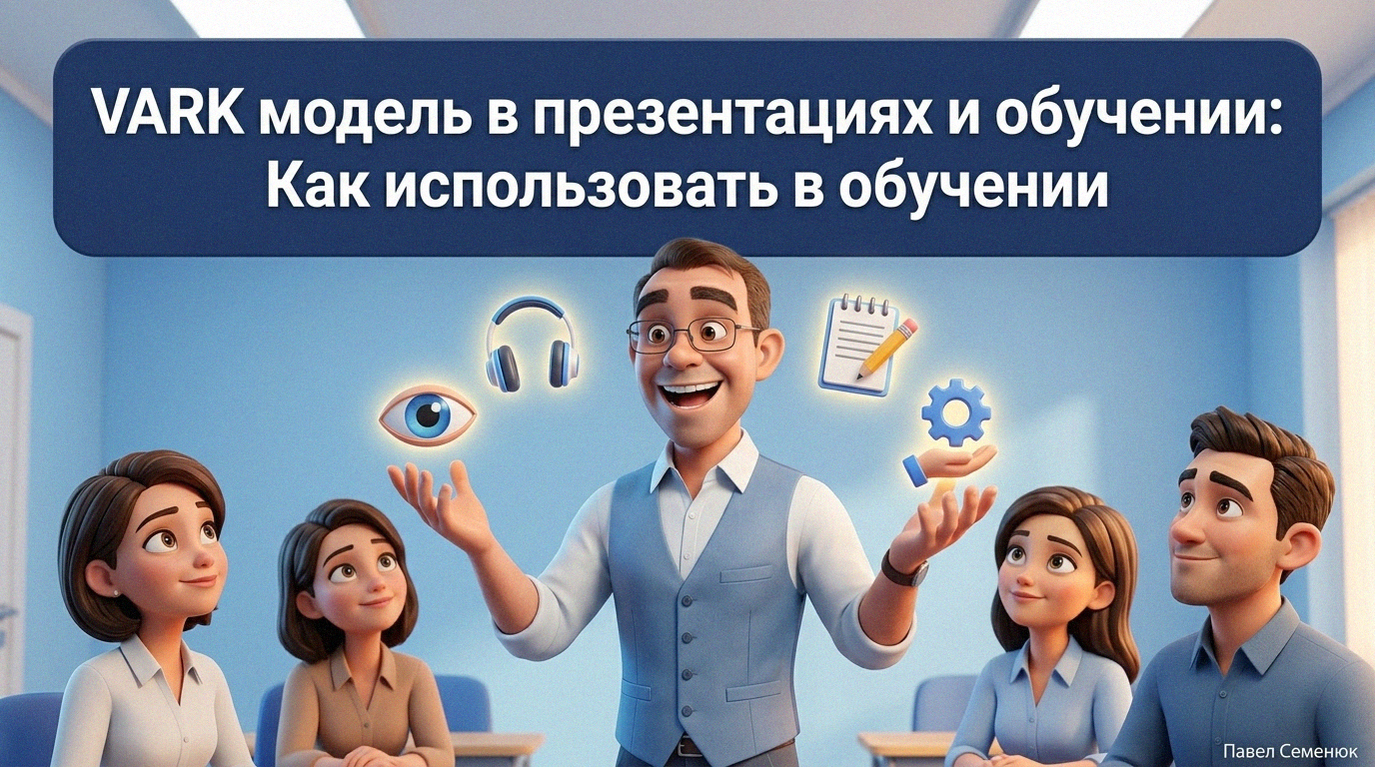Спикер показывает светящиеся 3D-иконки модели VARK восторженной аудитории