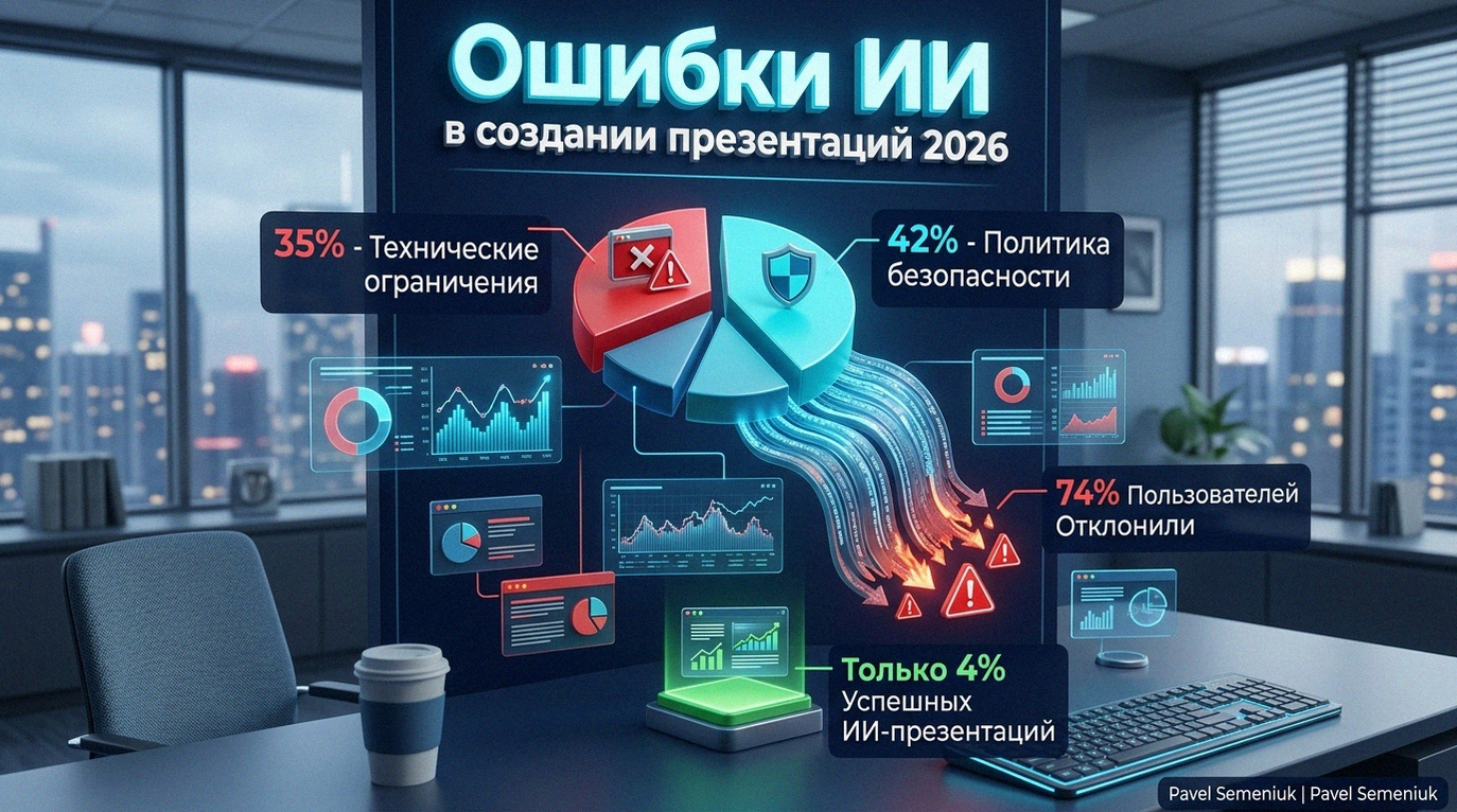 3D-инфографика на тему ошибок ИИ при создании бизнес-презентаций в 2026 году. На фоне современного офиса изображены голографические диаграммы со статистикой: 35% — технические ограничения, 42% — политика безопасности, 74% пользователей отклонили результат и только 4% успешных ИИ-презентаций.