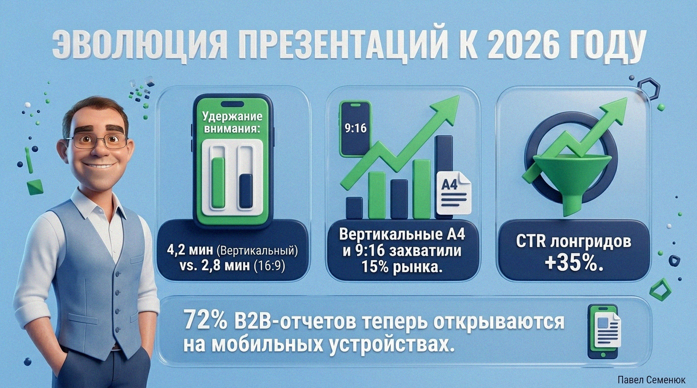 3D-инфографика на светло-голубом фоне. Заголовок Эволюция презентаций к 2026 году. Слева стоит улыбающийся мужчина в синей жилетке и очках. Справа три прозрачных стеклянных блока со статистикой: 3D-смартфон со сравнением удержания внимания форматов 16:9 и вертикального, объемный график роста доли рынка вертикальных форматов А4 и 9:16, воронка конверсии с показателем роста CTR лонгридов. Внизу широкий блок с текстом о том, что 72% B2B-отчетов открываются на мобильных устройствах.
