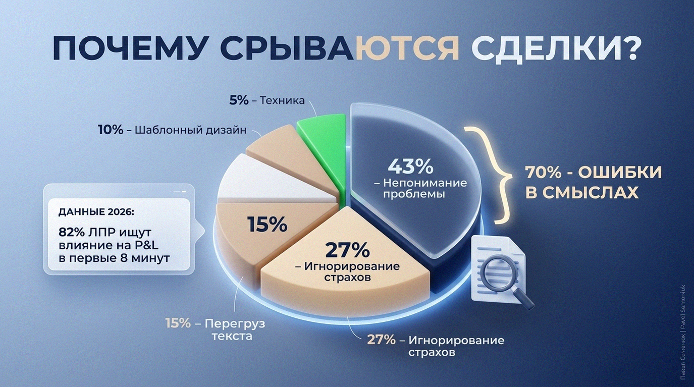 3D-инфографика с круговой диаграммой, иллюстрирующая причины срыва сделок. 70% отказов составляют ошибки в смыслах, включающие непонимание проблемы и игнорирование страхов аудитории.