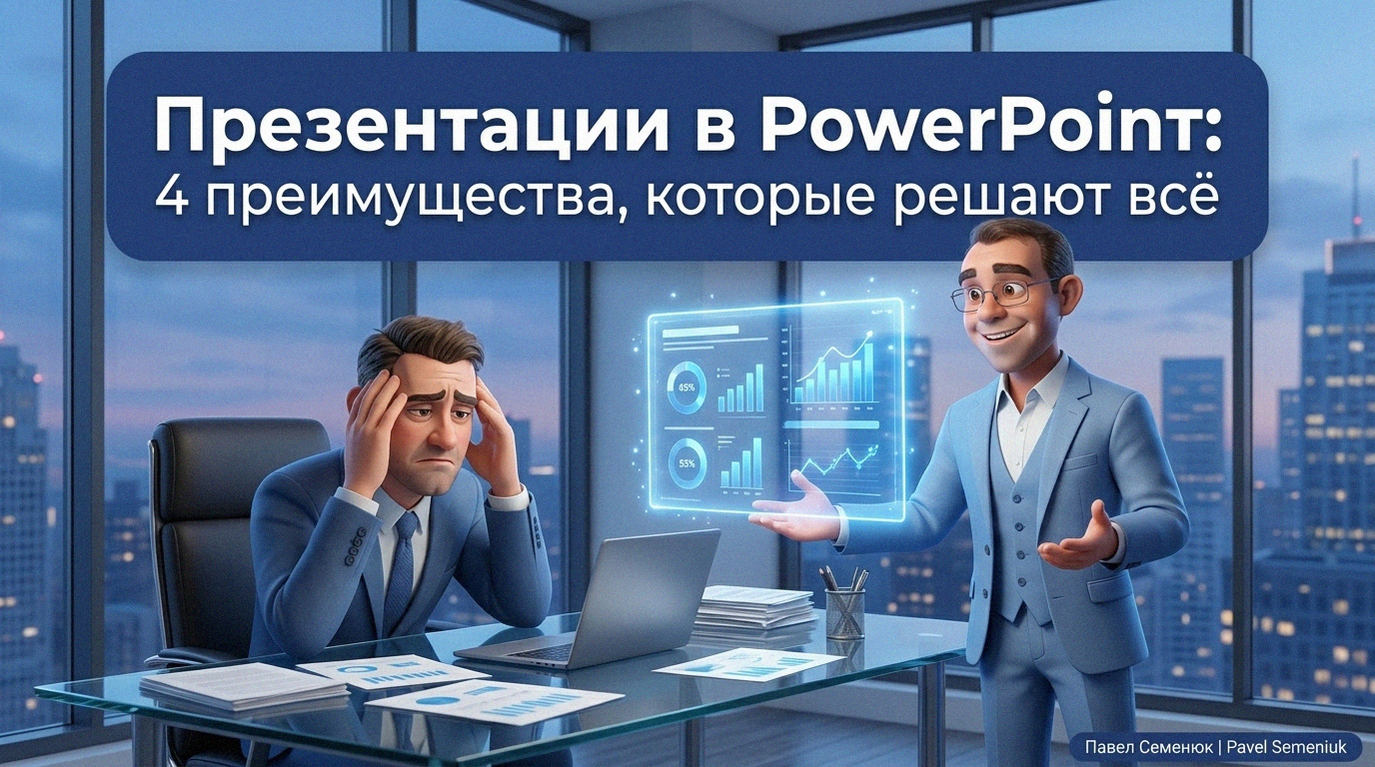 3D-иллюстрация в стиле Pixar: уверенный бизнесмен в синем костюме показывает светящийся голографический слайд с графиками уставшему руководителю за столом в современном офисе. Сверху крупный текст: Презентации в PowerPoint: 4 преимущества, которые решают всё.