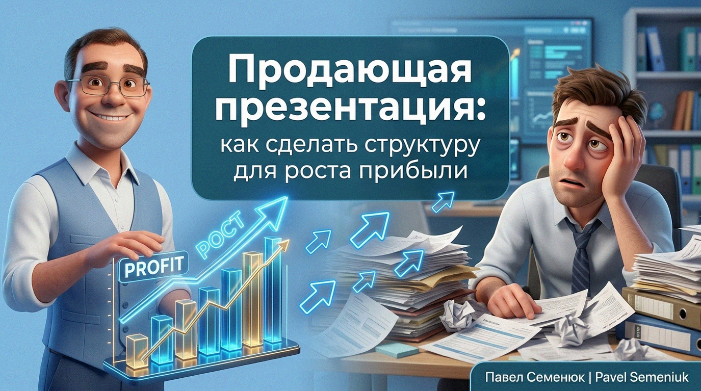 3D-иллюстрация: уверенный эксперт показывает светящийся график роста прибыли уставшему бизнесмену, заваленному документами. Текст на картинке: Продающая презентация: как сделать структуру для роста прибыли.