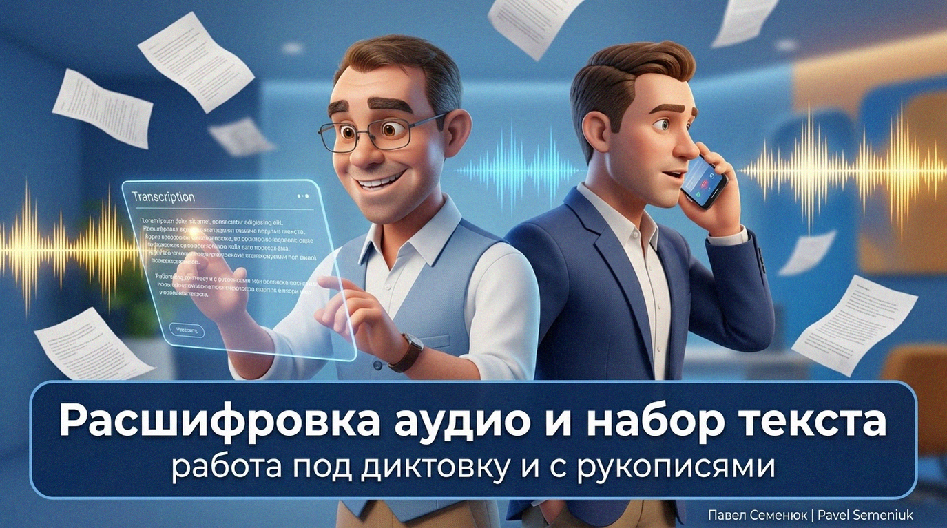 Услуги расшифровки аудио и набора текста. 3D-иллюстрация: бизнесмен диктует текст в смартфон, а специалист обрабатывает данные на виртуальном экране среди парящих документов и светящихся звуковых волн.