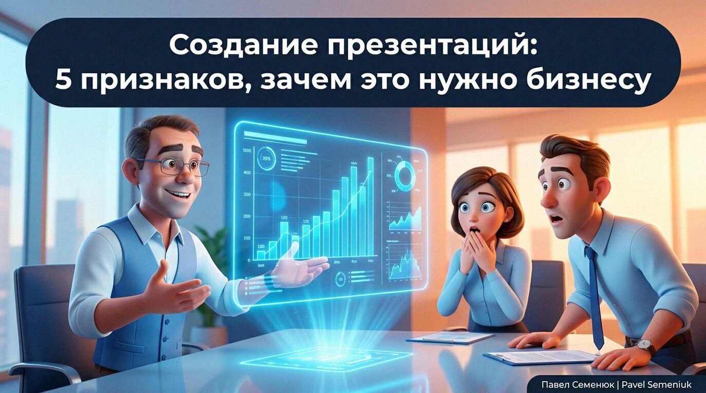 3D-иллюстрация: спикер в очках увлеченно показывает светящийся голографический график двум удивленным инвесторам в современном офисе. Наверху текст: Создание презентаций: 5 признаков, зачем это нужно бизнесу.