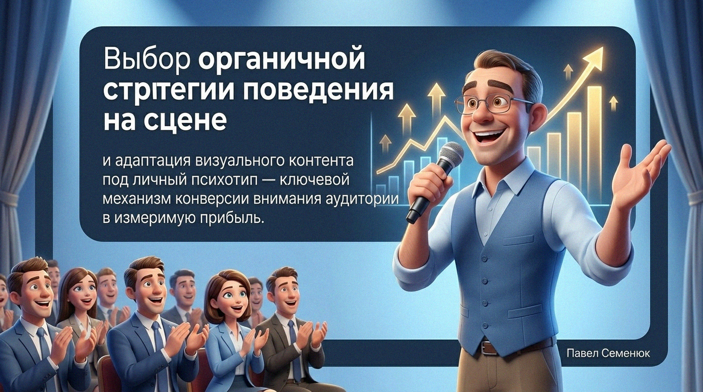 Презентации на заказ3D-иллюстрация: радостный спикер в очках выступает на сцене с микрофоном перед аплодирующей бизнес-аудиторией. На фоне информационный экран с текстом о стратегии поведения, светящийся график роста прибыли и имя Павел Семенюк.
