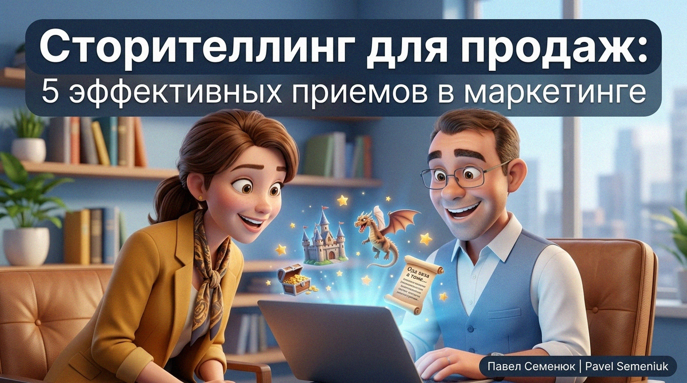 Мужчина в очках и улыбающаяся женщина с интересом смотрят в светящийся экран ноутбука, из которого появляются волшебные 3D-элементы: замок, дракон, свиток и сундук с сокровищами. Текст на изображении: Сторителлинг для продаж: 5 эффективных приемов в маркетинге.