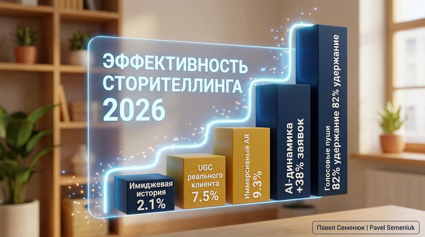Голографическая 3D-диаграмма роста, показывающая эффективность 5 приемов сторителлинга в маркетинге к 2026 году: имиджевая история, UGC, AR, AI-динамика и голосовые пуши, на фоне размытого светлого офиса.