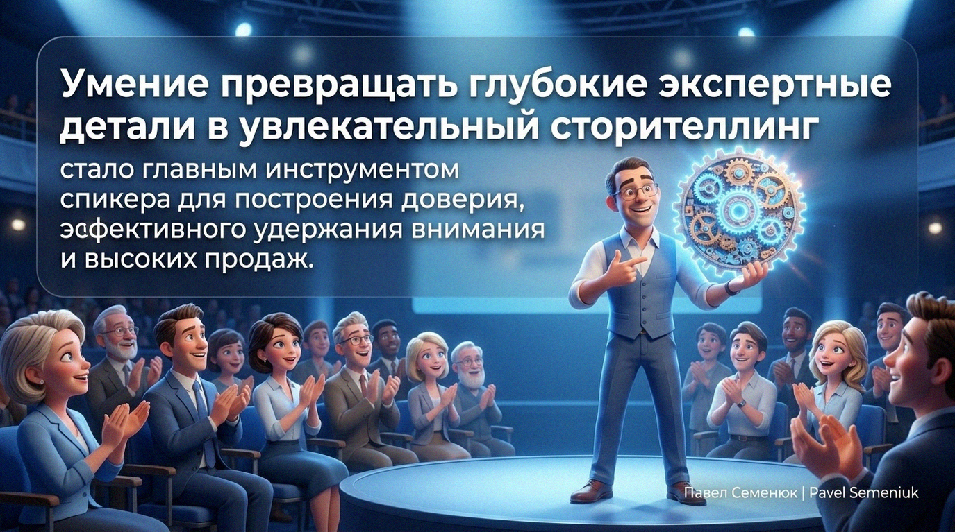 Презентации на заказ3D-иллюстрация: уверенный спикер в очках и синей жилетке на сцене презентует светящийся механизм из шестеренок аплодирующей аудитории. На фоне текст о важности сторителлинга для доверия и продаж.