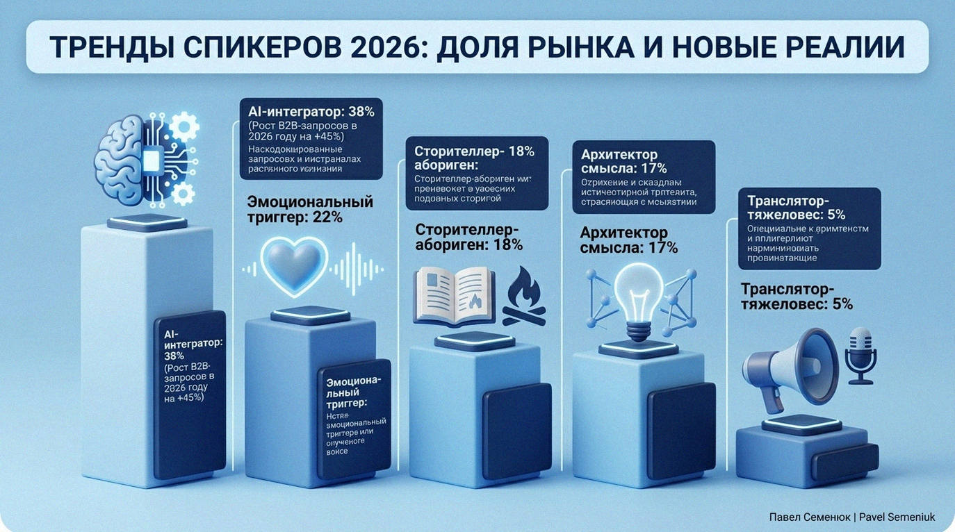 Современная 3D-инфографика «Тренды спикеров 2026: Доля рынка и новые реалии» со столбчатой диаграммой, показывающая пять типов спикеров (AI-интегратор, Эмоциональный триггер, Сторителлер, Архитектор смысла, Транслятор) с процентами и тематическими 3D-иконками на светло-голубом фоне