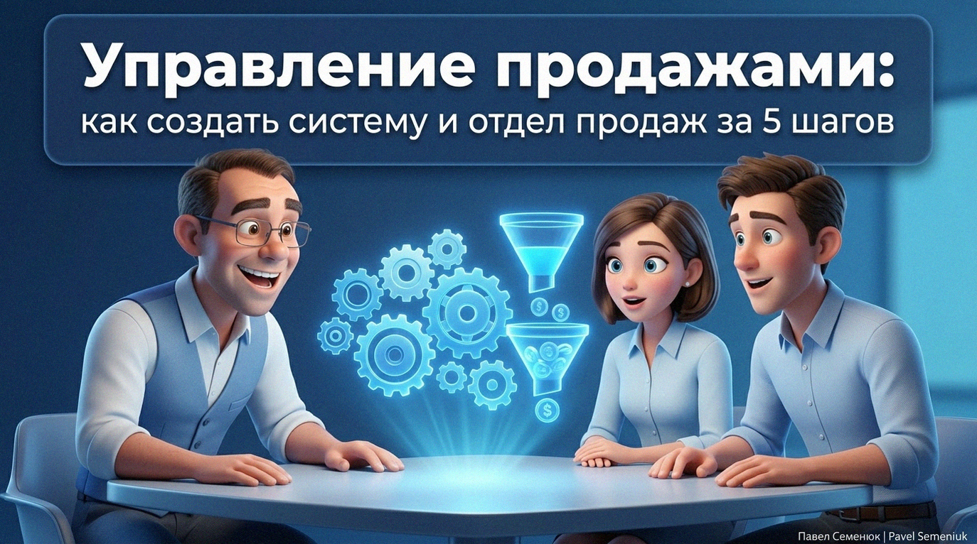 3D-иллюстрация: бизнес-наставник в очках показывает молодым коллегам светящуюся неоновую голограмму механизма продаж с шестеренками и цифровой воронкой. Сверху заголовок: Управление продажами: как создать систему и отдел продаж за 5 шагов.