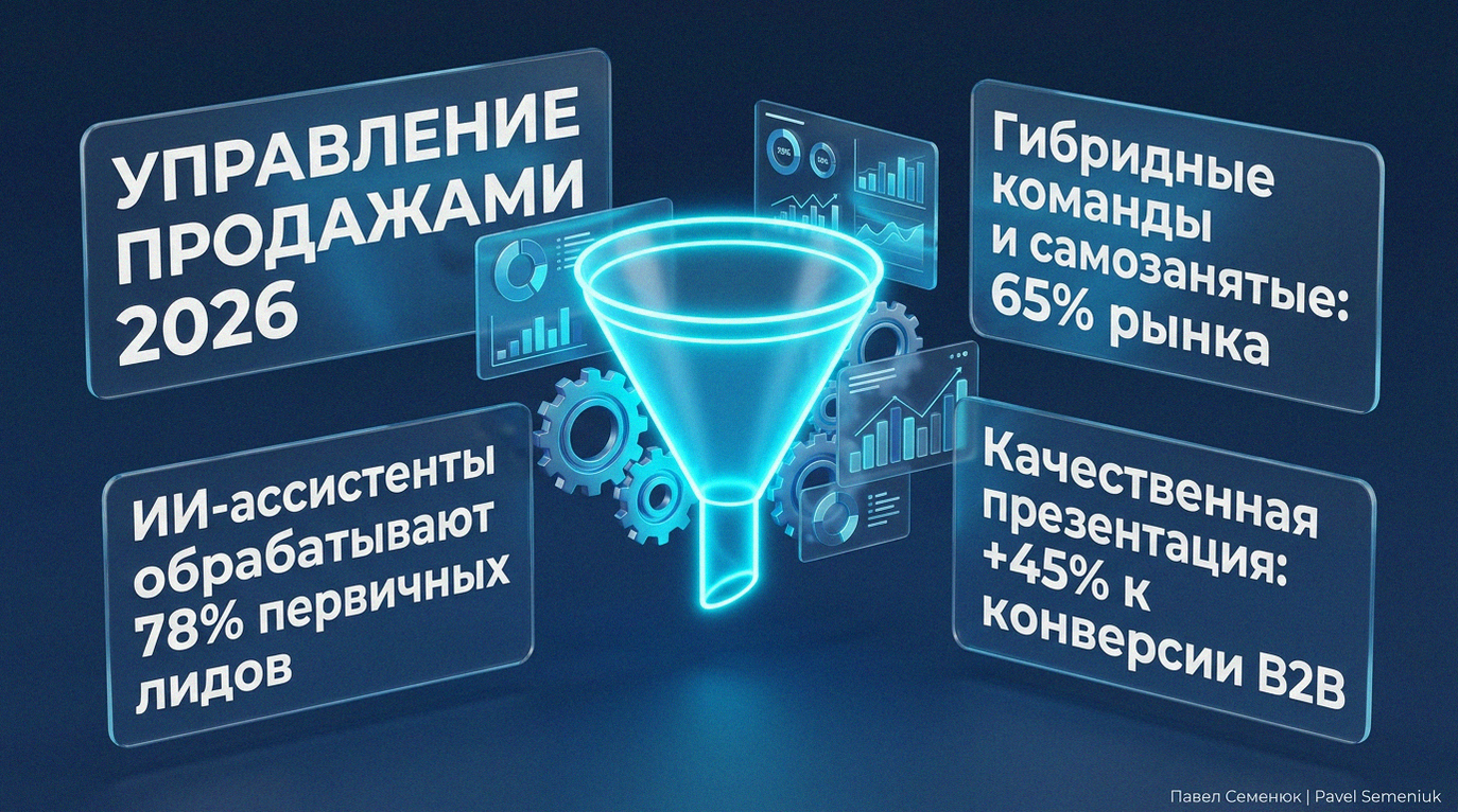 3D-инфографика управления продажами: светящаяся неоновая воронка продаж, графики автоматизации, шестеренки и информационные стеклянные панели со статистикой рынка 2026 года на темно-синем фоне.