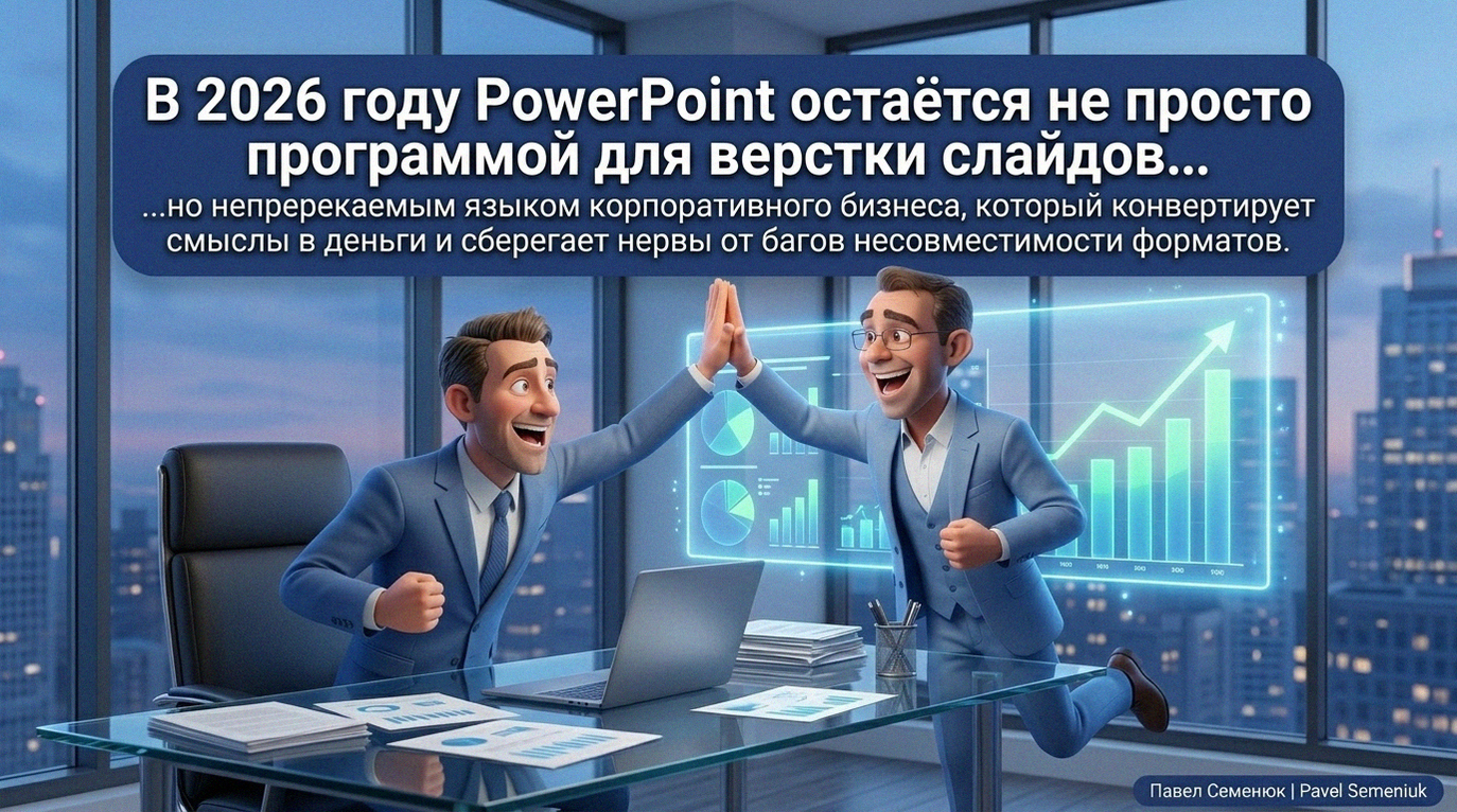 Презентации на заказДва смеющихся бизнесмена в синих костюмах дают друг другу «пять» в современном офисе на фоне светящегося финансового графика роста. Сверху расположен текст о значимости PowerPoint в 2026 году. 3D-графика в стиле Pixar.