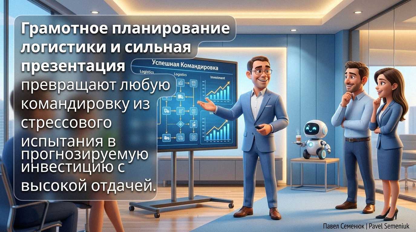 Презентации на заказ3D-иллюстрация: уверенный мужчина в очках проводит деловую презентацию у экрана с графиками для двух улыбающихся коллег в современной переговорной. Слева расположена плашка с текстом о грамотном планировании логистики.