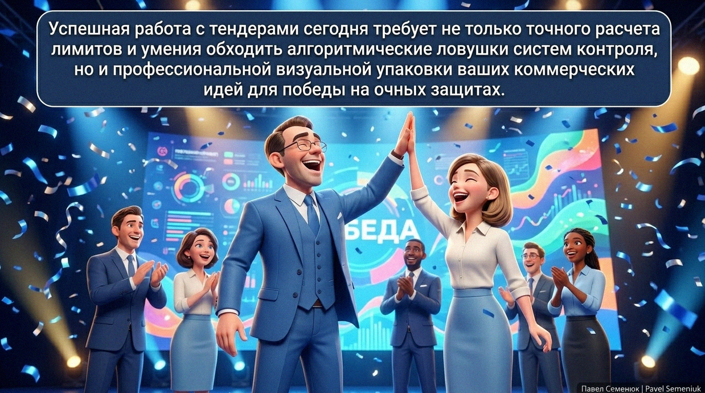 Презентации на заказ3D-иллюстрация: радостная бизнес-команда празднует победу в тендере на сцене. Мужчина в синем костюме и очках дает «пять» коллеге под падающие голубые конфетти на фоне экрана с графиками. В верхней части текст о важности визуальной упаковки идей для победы на защитах.