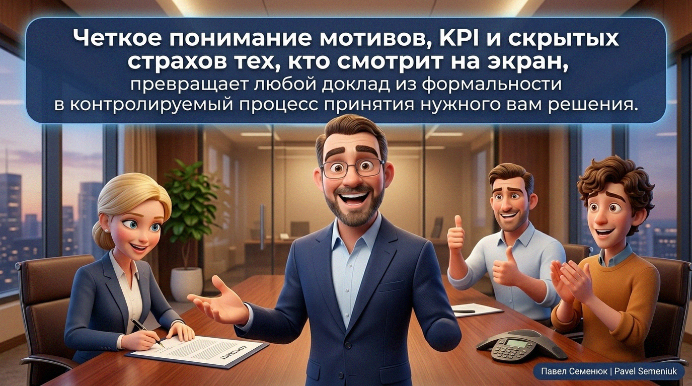 Презентации на заказ3D-иллюстрация успешной бизнес-презентации: выступающий мужчина в очках радостно обращается к аудитории, слушатели аплодируют, показывают палец вверх и подписывают контракт. В верхней части плакат с текстом о понимании мотивов аудитории.