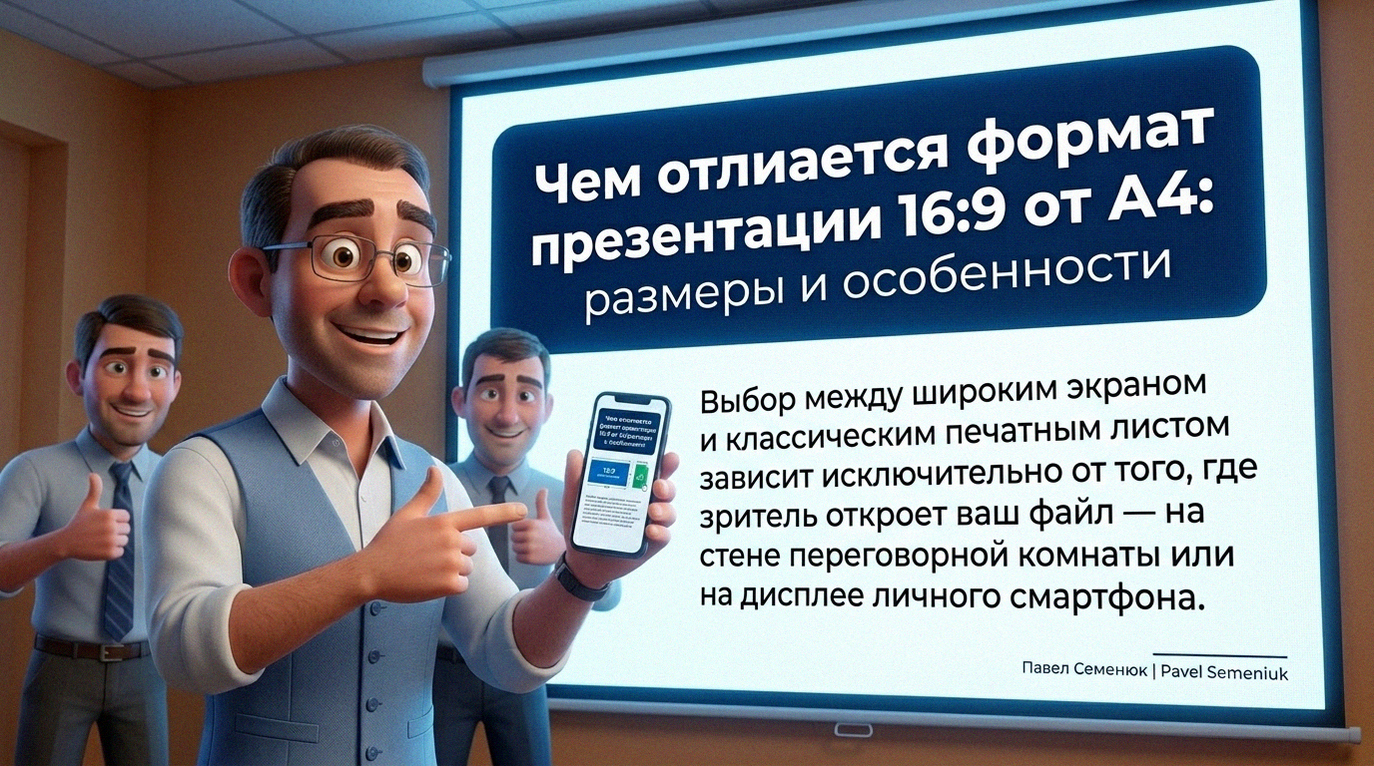 Презентации на заказ3D-иллюстрация: радостный мужчина в очках держит смартфон, указывая на проекционный экран с текстом о выборе формата презентации между 16:9 и А4. Коллеги на фоне улыбаются и показывают жест 'класс'.
