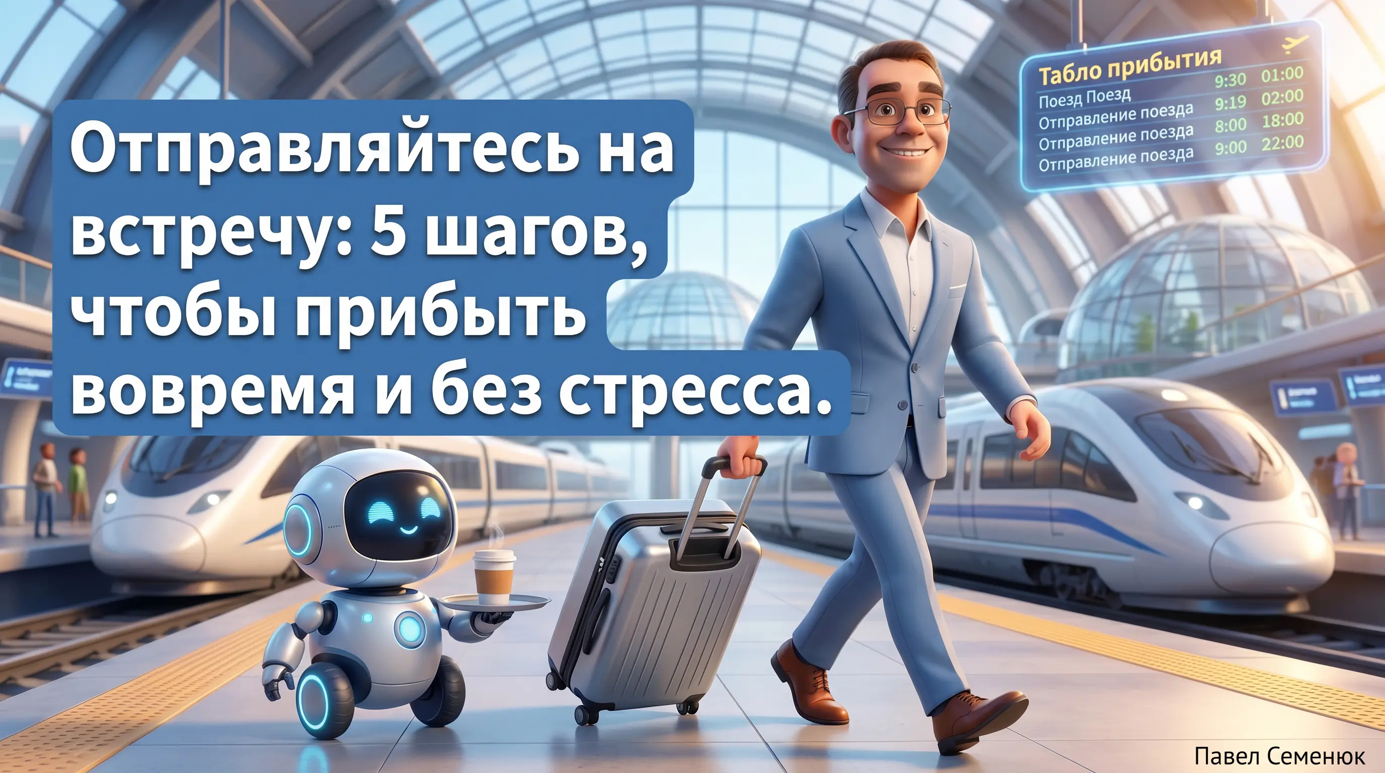 3D-иллюстрация: радостный мужчина в очках и синем деловом костюме динамично шагает по футуристичному вокзалу с чемоданом. Рядом едет маленький робот-помощник, держащий поднос с кофе. На фоне современные поезда и информационное табло.