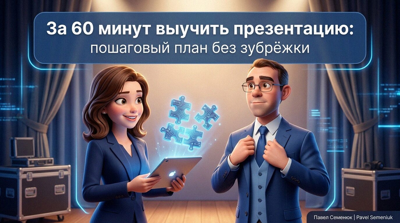 3D-иллюстрация: мужчина-спикер в деловом костюме и его коллега с планшетом готовятся к выступлению за кулисами. Над планшетом парят светящиеся пазлы. Текст на изображении: За 60 минут выучить презентацию: пошаговый план без зубрёжки.