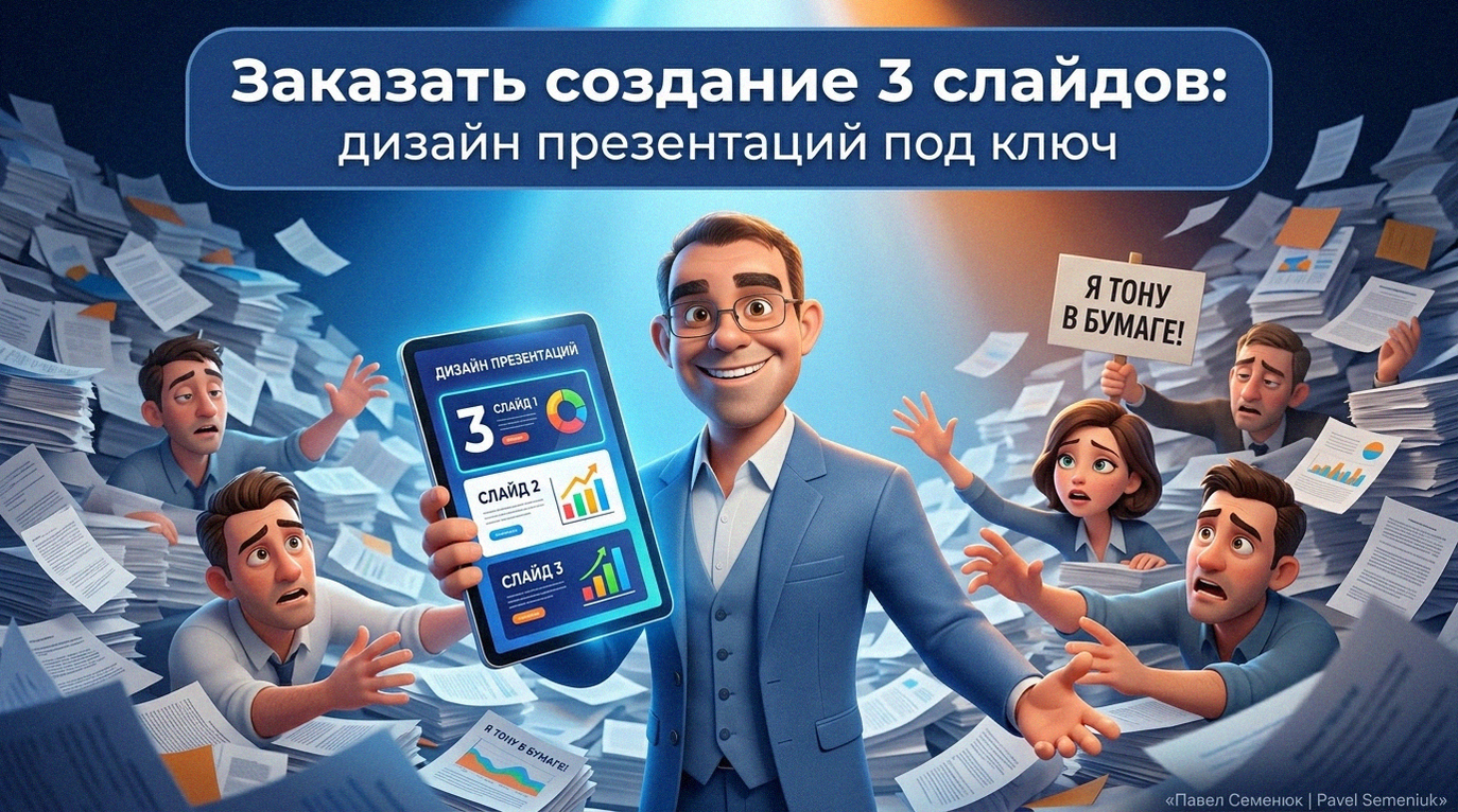 Уверенный мужчина в синем костюме с улыбкой показывает планшет с 3 яркими слайдами уставшим коллегам, тонущим в горе бумаг. Сверху текст: Заказать создание 3 слайдов: дизайн презентаций под ключ. Иллюстрация в 3D-стиле.