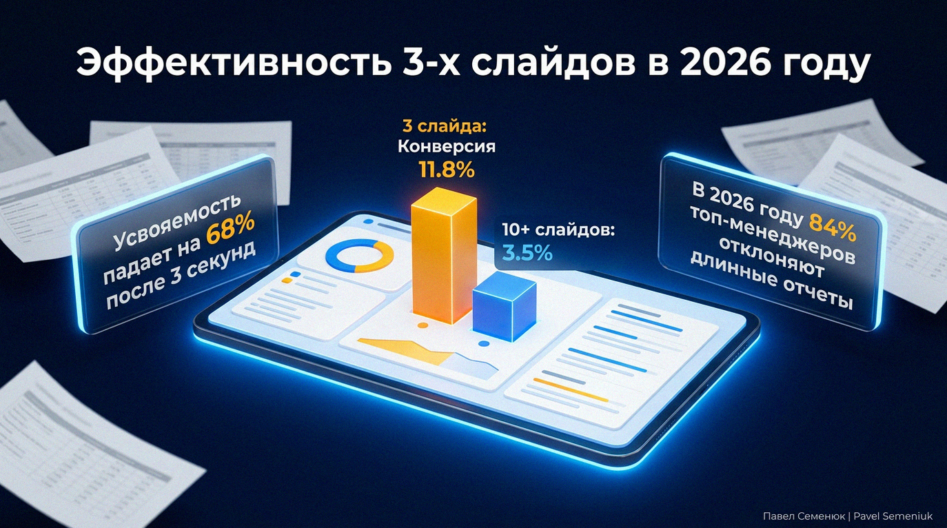 3D-инфографика, демонстрирующая эффективность формата из 3-х слайдов. Цифровой дашборд с гистограммой: конверсия 3 слайдов — 11.8%, 10+ слайдов — 3.5%. Услуги по дизайну презентаций под ключ.