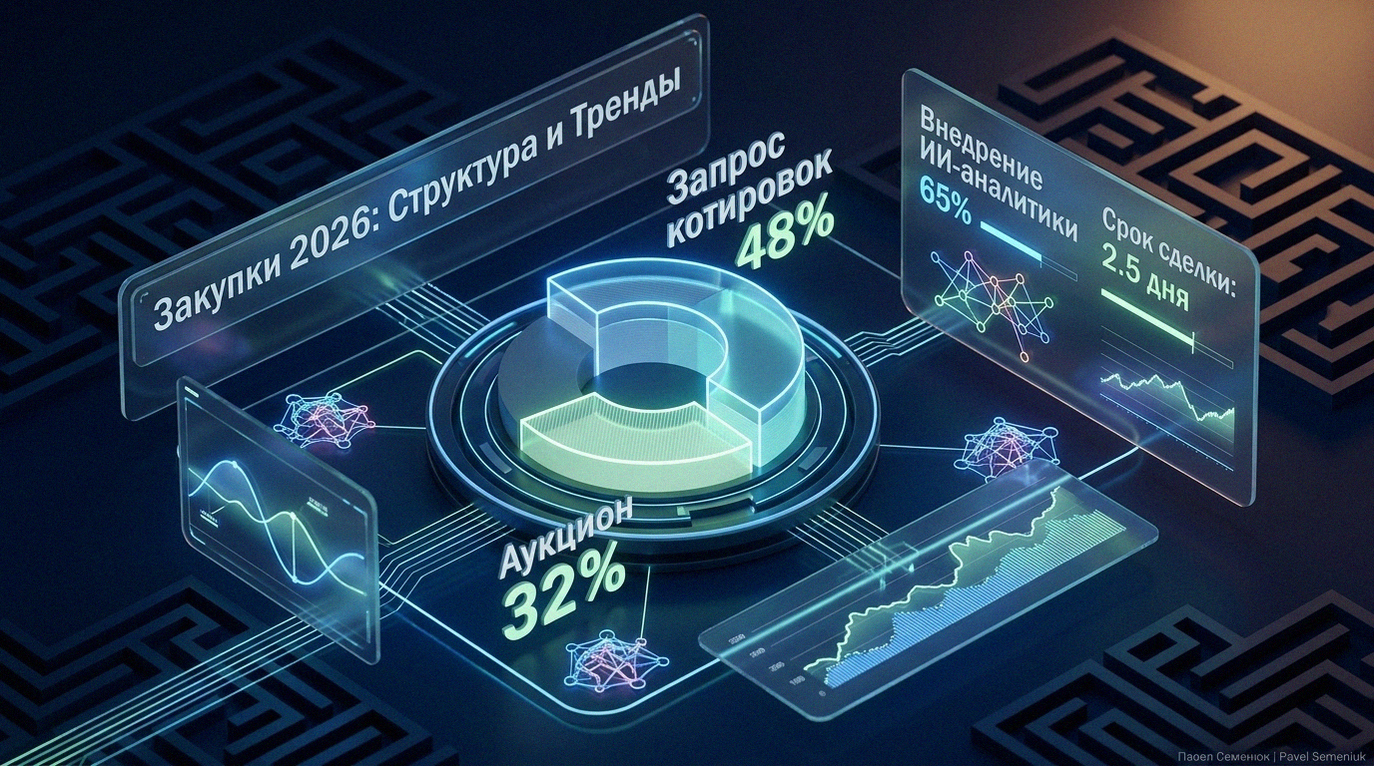 Современная 3D-инфографика для статьи про тендеры и коммерческие предложения. На темном фоне светящиеся графики, круговая диаграмма с долей запроса котировок 48% и аукциона 32%, а также статистика по закупкам 2026 года и внедрению ИИ-аналитики.
