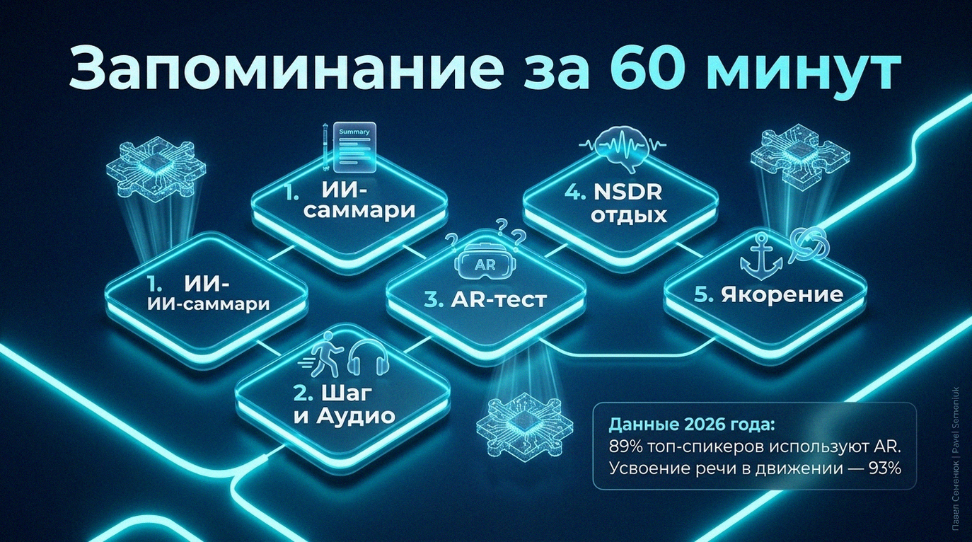 Современная 3D-инфографика с планом запоминания презентации за 60 минут. Схема включает 5 шагов: ИИ-саммари, Шаг и Аудио, AR-тест, NSDR отдых и Якорение, со статистикой эффективности методов и неоновой подсветкой на темно-синем фоне.