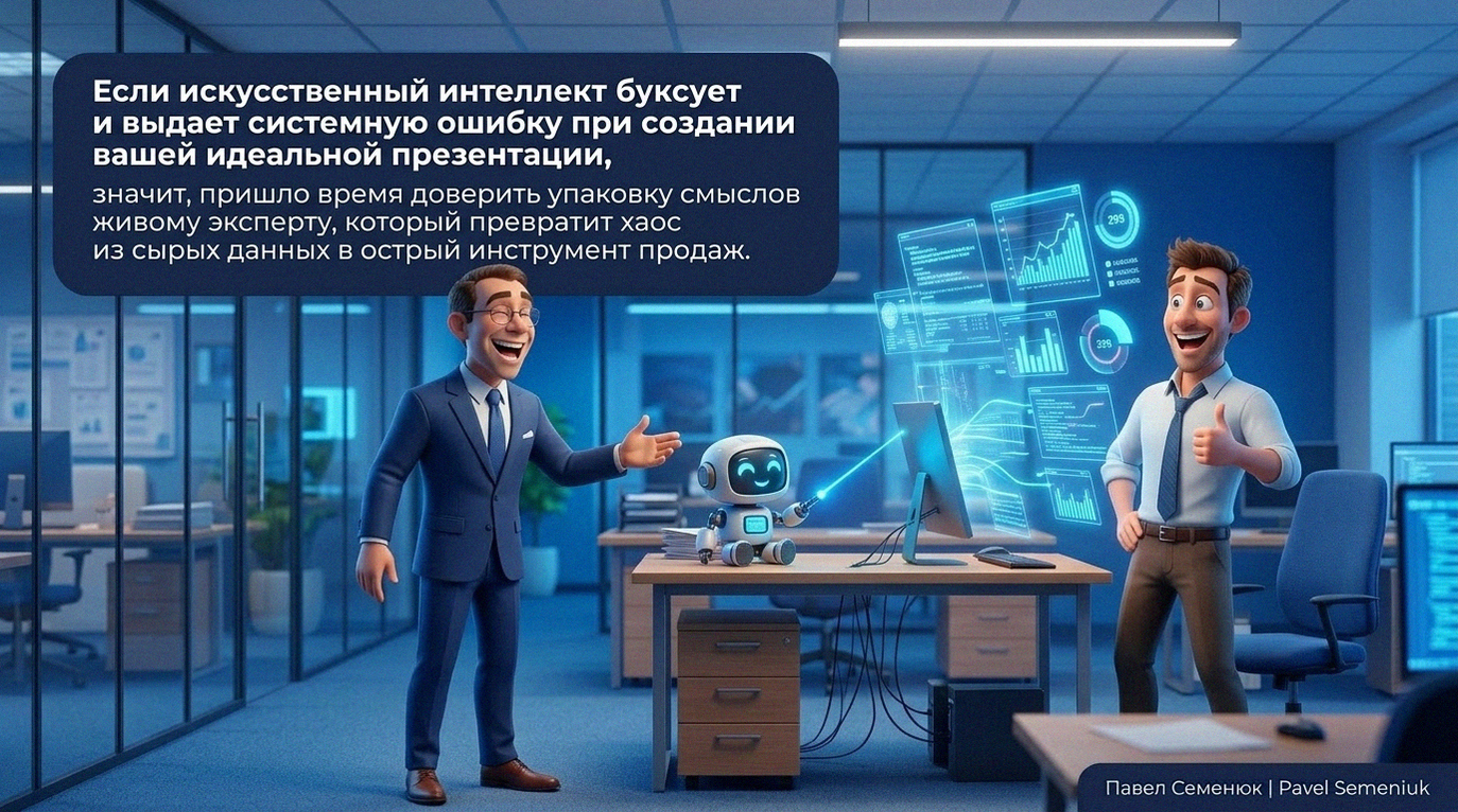 Презентации на заказ3D-иллюстрация: радостный эксперт в синем костюме и счастливый клиент с жестом одобрения на фоне светящихся бизнес-графиков и милого робота-помощника. Текст на изображении призывает доверить создание презентации живому специалисту, если ИИ не справляется.