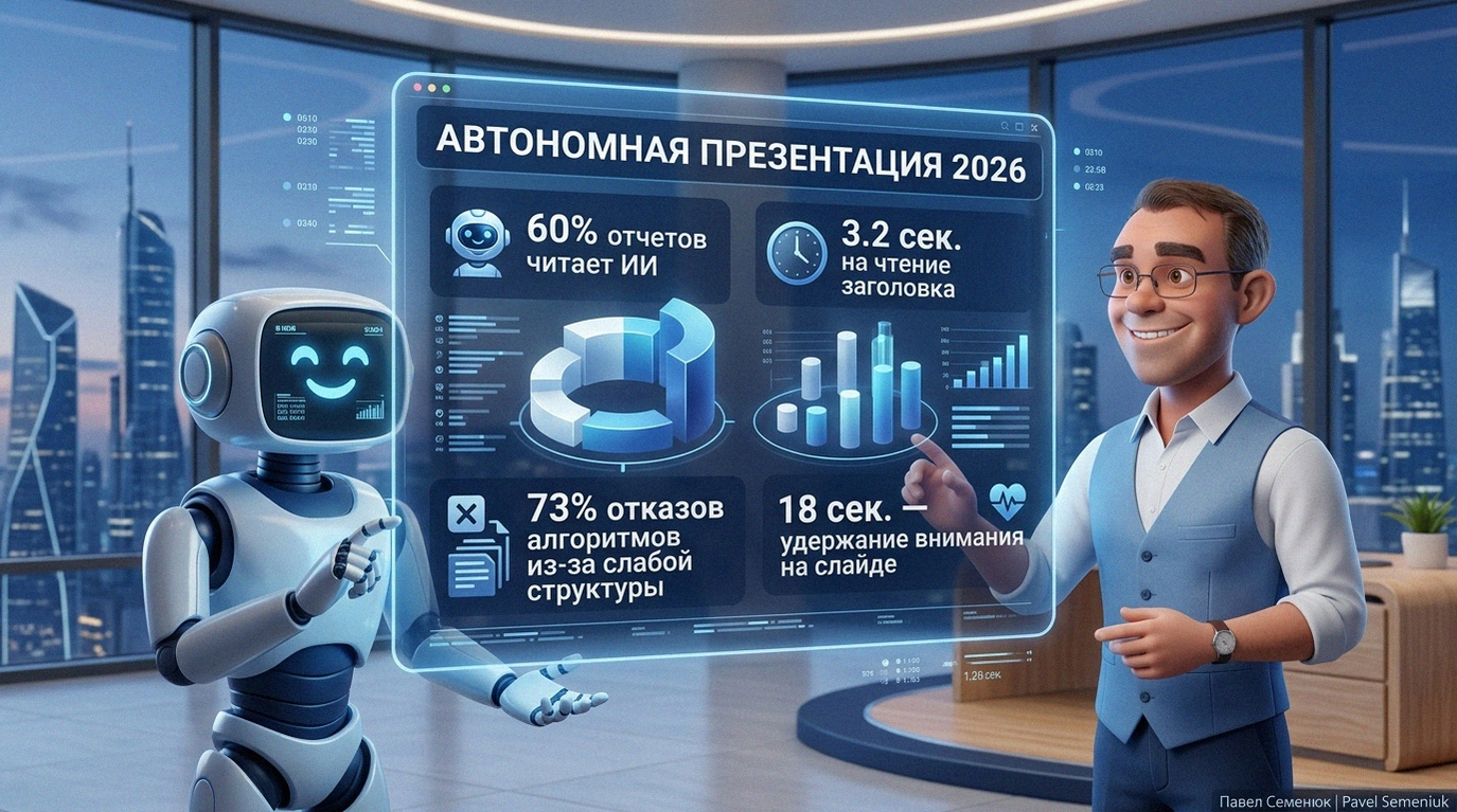 3D-инфографика на тему презентаций без спикера. Мужчина и робот возле парящего голографического экрана с текстом Автономная презентация 2026, диаграммами и статистикой восприятия слайдов. Современный светлый корпоративный офис на фоне небоскребов.