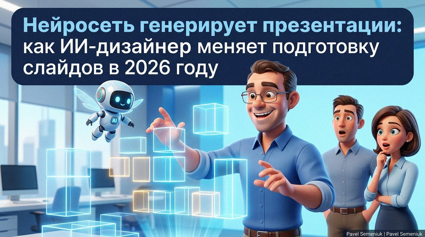 Радостный мужчина в очках взаимодействует со светящимися голографическими 3D-блоками вместе с милым летающим роботом-ИИ на фоне удивленных коллег в высокотехнологичном офисе. Наверху расположен крупный текст о генерации презентаций нейросетями в 2026 году.