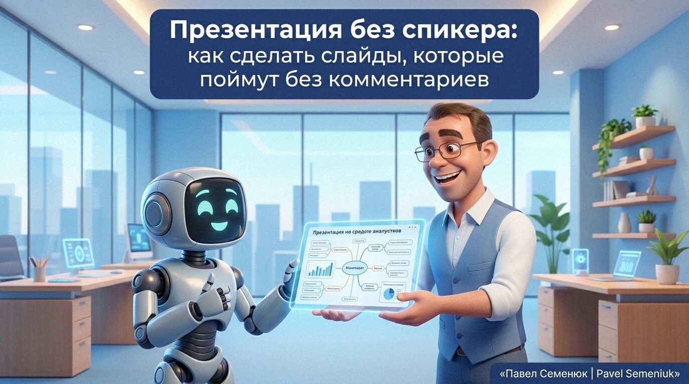 3D-иллюстрация в интерьере светлого современного офиса: радостный мужчина в очках и синей жилетке передает светящийся, четко структурированный цифровой слайд милому дружелюбному роботу. Наверху плашка с текстом: «Презентация без спикера: как сделать слайды, которые поймут без комментариев».