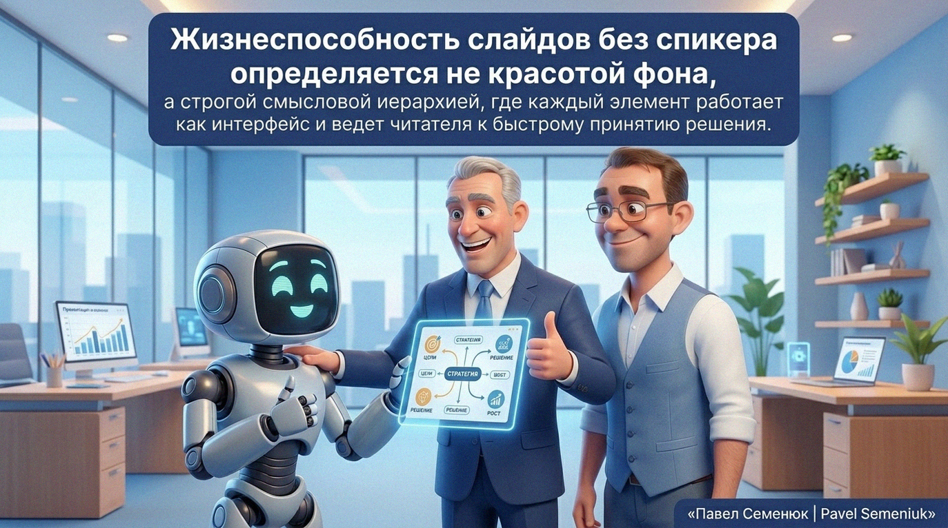 Презентации на заказ3D-иллюстрация в современном офисе: милый робот демонстрирует интерактивный слайд руководителю, который радостно одобряет проект жестом большой палец вверх, рядом с гордостью улыбается коллега в очках. Вверху плашка с текстом о важности структуры и логики в дизайне презентаций.