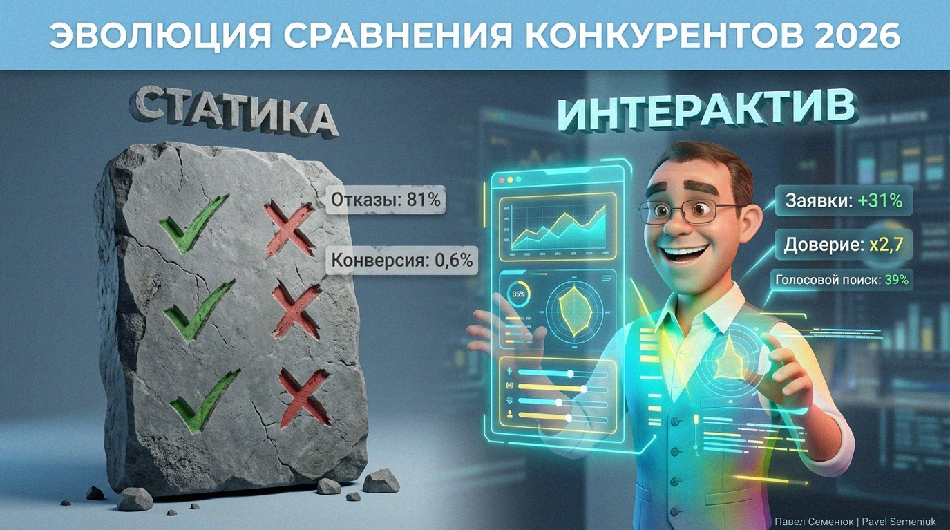 3D-инфографика, сравнивающая устаревший метод анализа конкурентов на каменной плите с галочками и современный интерактивный голографический интерфейс, который демонстрирует улыбающийся 3D-персонаж.