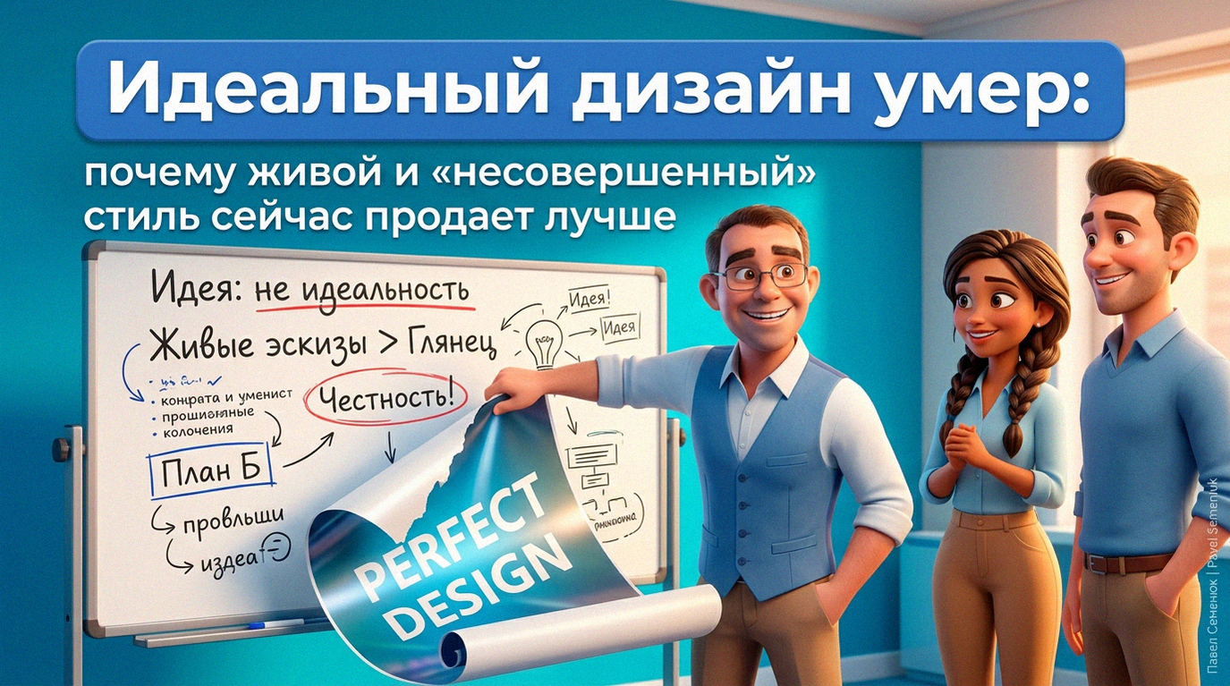 Мужчина в очках срывает глянцевый плакат, открывая маркерную доску с живыми записями и эскизами. Наверху надпись об эффективности неидеального дизайна.