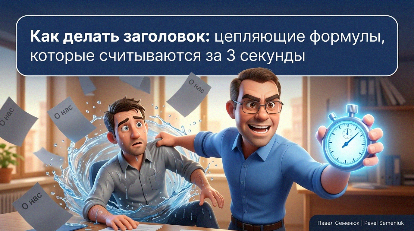 Иллюстрация в 3D-стиле: специалист со светящимся секундомером спасает клиента из водоворота скучных бумаг с надписью «О нас». Текст на баннере: Как делать заголовок: цепляющие формулы, которые считываются за 3 секунды.