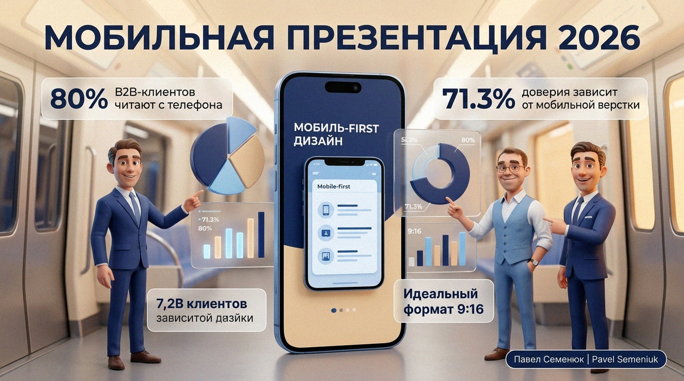 3D инфографика и статистика создания мобильных презентаций в 2026 году. Смартфон с вертикальным слайдом 9:16, графики, диаграммы и бизнесмены. Данные о B2B-клиентах и важности мобильной верстки.
