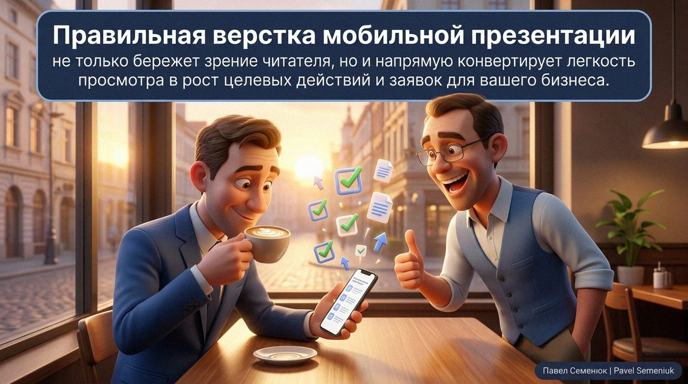 Презентации на заказ3D-сцена: довольный клиент в кафе просматривает мобильную презентацию на смартфоне, из которого вылетают иконки роста заявок и конверсии. Рядом искренне улыбающийся эксперт в очках показывает жест 'класс'. В верхней части информационный текст о пользе правильной верстки.