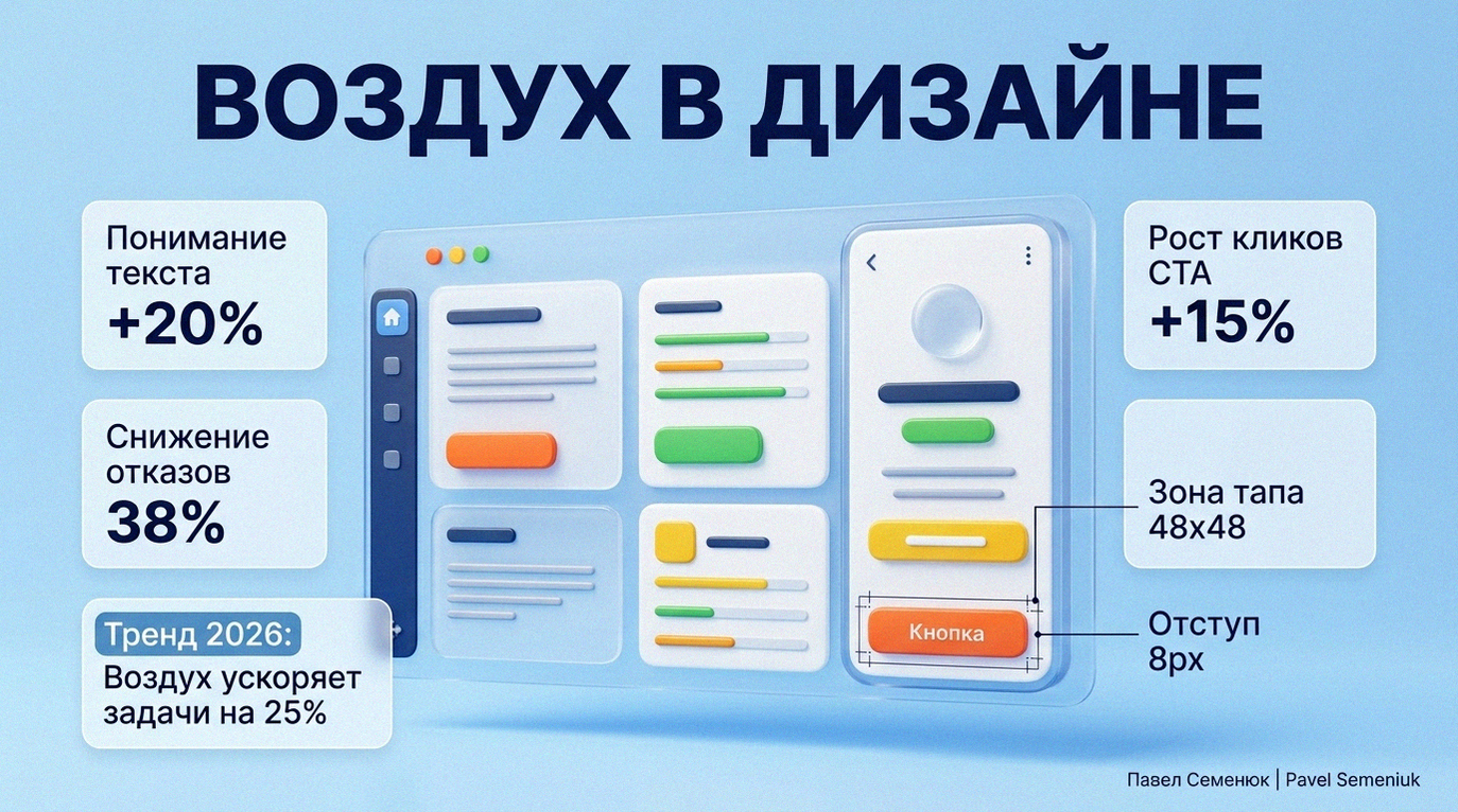 3D-инфографика о пользе белого пространства в UX/UI-дизайне. На светло-синем фоне изображен интерфейс с карточками и метриками: понимание текста +20%, снижение отказов 38%, рост кликов CTA +15%, а также правила отступов.