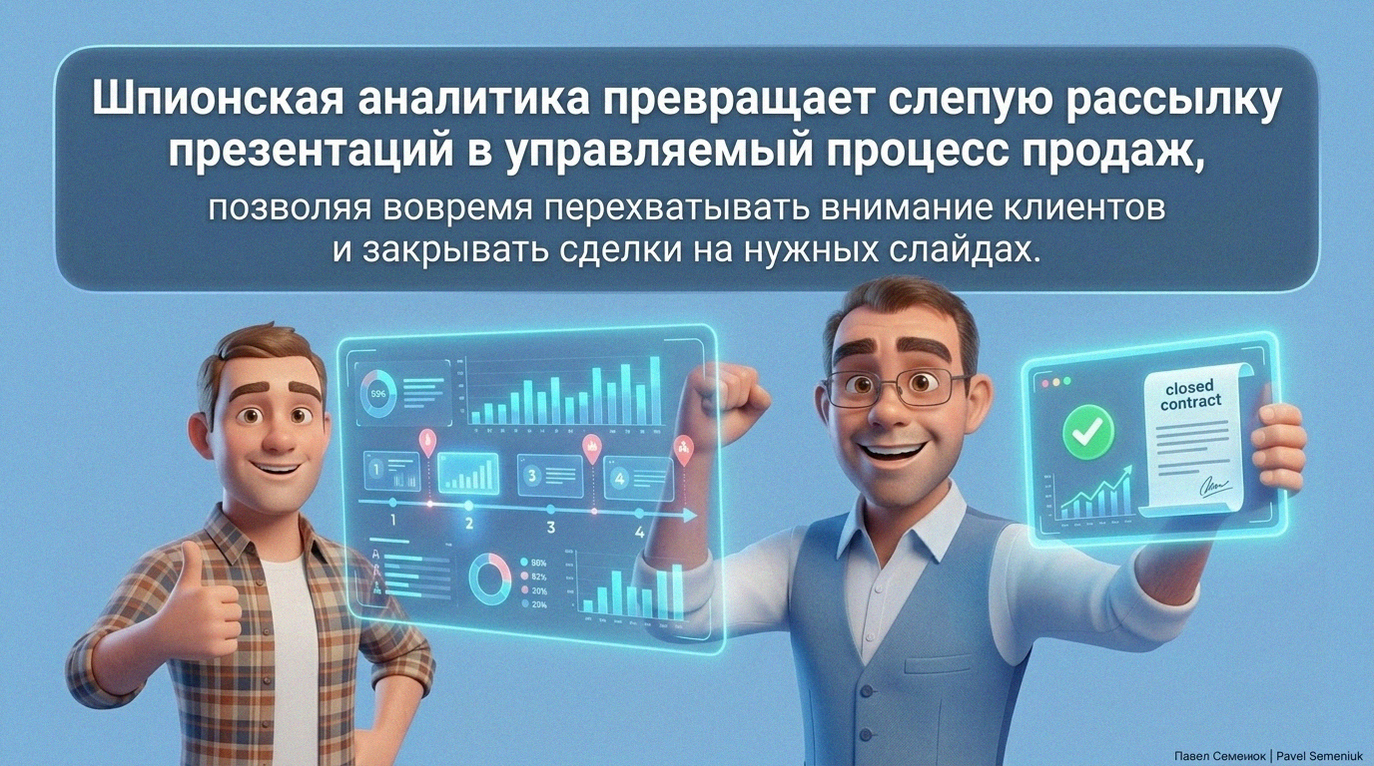 Презентации на заказПерсонажи с планшетами аналитики презентаций и закрытым контрактом на фоне текста о шпионской аналитике продаж