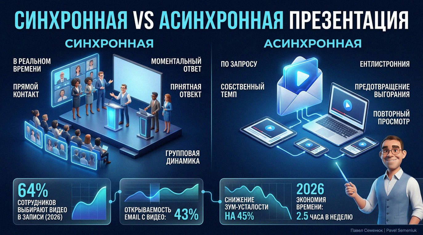 Детальная инфографика, сравнивающая синхронную и асинхронную презентации. Визуализация в корпоративном стиле с 3D-элементами: конференция на сцене и отправка видео по email. Включает графики и статистику эффективности форматов.
