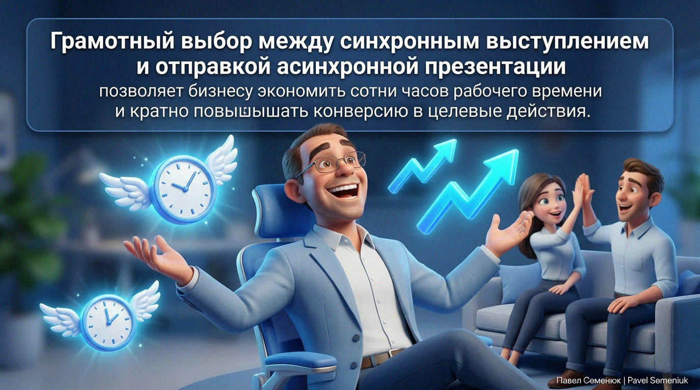 Презентации на заказ3D-иллюстрация: радостный бизнесмен в очках празднует успех в офисном кресле среди летающих светящихся часов с крылышками и стрелок роста. На фоне радуются коллеги. Сверху текст о выборе между синхронным и асинхронным выступлением.